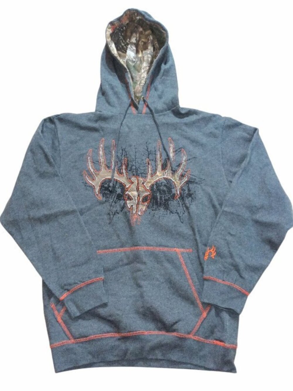 Buck Wear Men's Hoodie Sweatshirt Medium Gray Pullover Camo-Lined Hood Hunting
